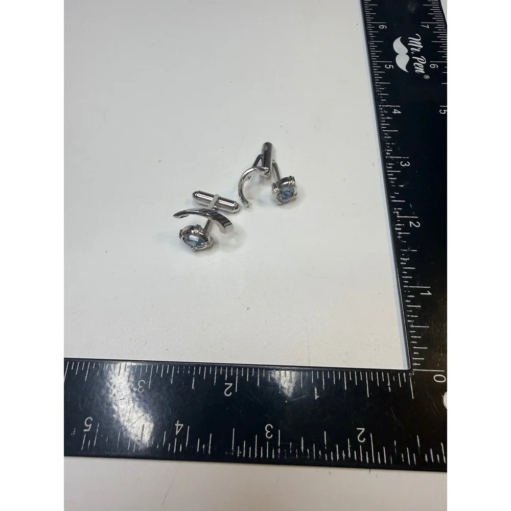Silver Tone Light Blue Faux Aquamarine Oval Stone Toggle Back Cufflinks